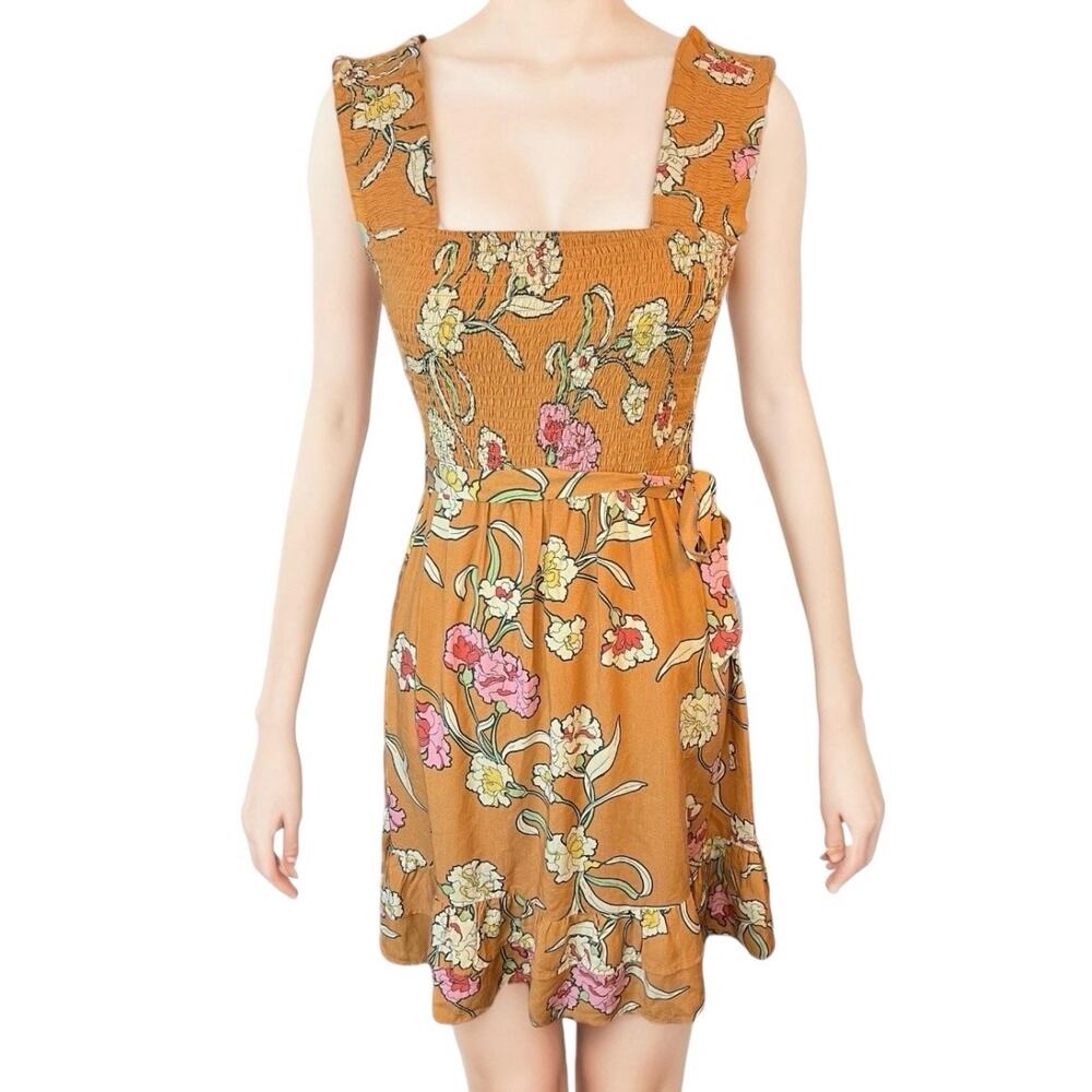 DR2 by Daniel rain floral burnt orange mini dress smocked boho Cottagecore New